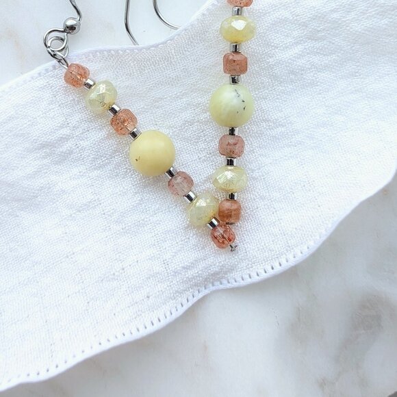 Yellow African Opal and Orange Sunstone Steel Dangle Earrings - Picture 4 of 4